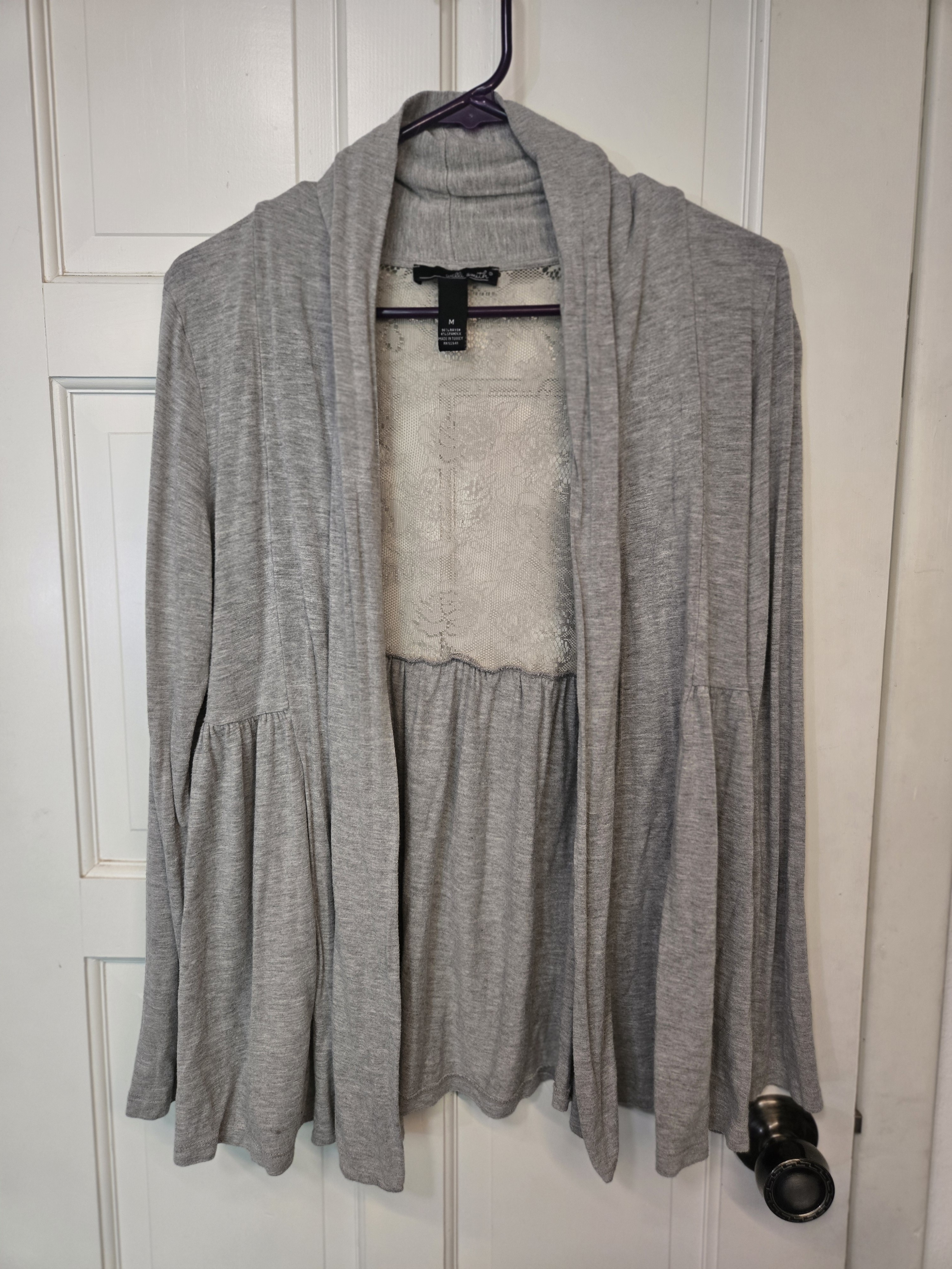 Light Gray Open-Front Women’s Cardigan Sweater Lace Back M